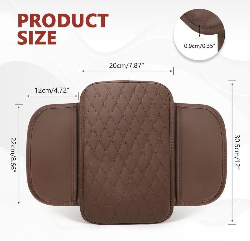 ongfuwu Car Center Console Cover, 12"×7.87" Waterproof Leather Auto Armrest Cover Protector with 2 Pocket, Comfortable Arm Rest Box Cushion Pad, Universal Interior Car Accessories (Coffee) - Image 2
